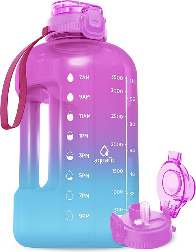 AQUAFIT 1 Gallon Water Bottle with Time Marker - BPA Free 128 oz Water Bottle with Straw, Gym Water Bottle with Handle, 1 Gallon Water Jug, Big Water Bottle, Large Water Bottle (Hazy Day)