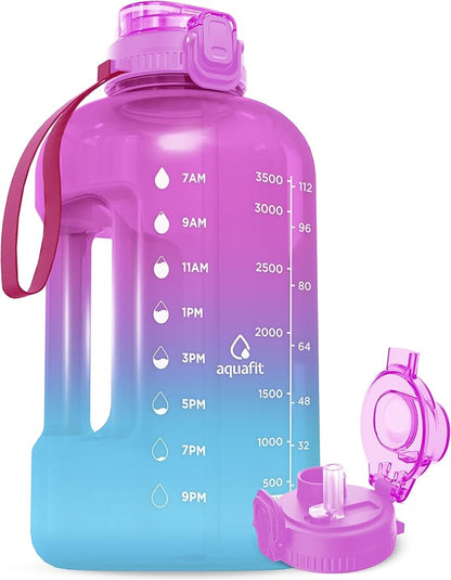 AQUAFIT 1 Gallon Water Bottle with Time Marker - BPA Free 128 oz Water Bottle with Straw, Gym Water Bottle with Handle, 1 Gallon Water Jug, Big Water Bottle, Large Water Bottle (Hazy Day)