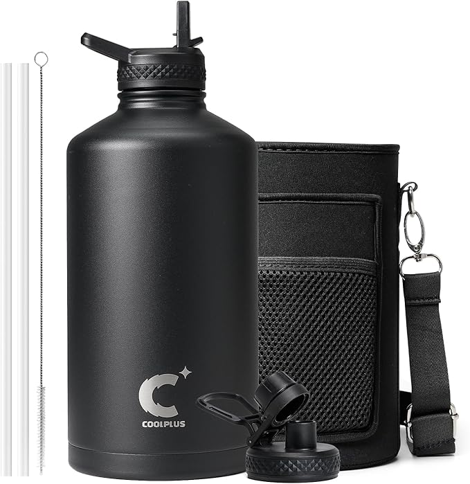 Coolplus Gallon Water bottle insulated with straw, Water Jug 128 oz Stainless Steel Double-Walled Vacuum Metal Large Flask With Carry Sleeve for Sports Gym Ourdoor, Keep Cold 48 Hrs, Black