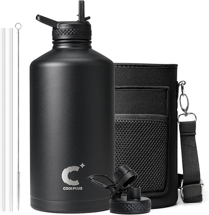 Coolplus Gallon Water bottle insulated with straw, Water Jug 128 oz Stainless Steel Double-Walled Vacuum Metal Large Flask With Carry Sleeve for Sports Gym Ourdoor, Keep Cold 48 Hrs, Black