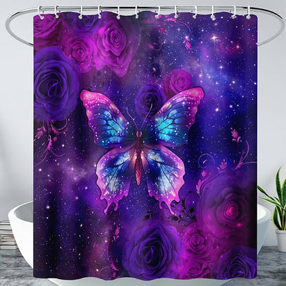 AILONEN Butterfly Shower Curtain Bathroom 36" W*72" H Sparkly Purple Butterfly and Rose Curtain Cloth Fabric Bathroom for Girls Kids,Deep Purple Shower Curtain Set