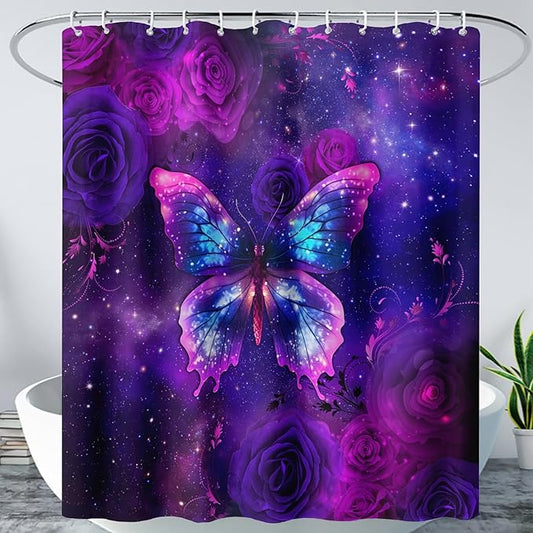 AILONEN Butterfly Shower Curtain Bathroom 48" W*72" H Sparkly Purple Butterfly and Rose Curtain Cloth Fabric Bathroom for Girls Kids,Deep Purple Shower Curtain Set