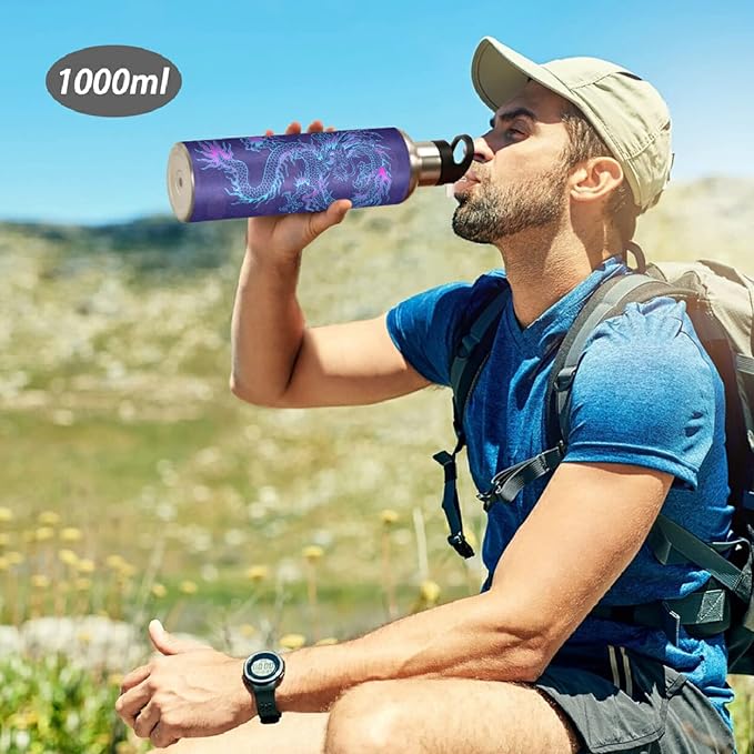 Blueangle 32oz Purple Chinese Dragon Water Bottle, BPA Free Stainless Steel Water Bottle Leak-Proof Sports Bottle for Camping Workouts Gym and Outdoor Activity