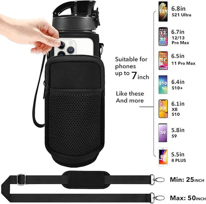 32 oz Water Bottle with Straw and Sleeve, Motivational Water Bottle with Time Marker and Adjustable Shoulder Strap, BPA Free Leakproof Sport Water Jug for Hiking, Gym