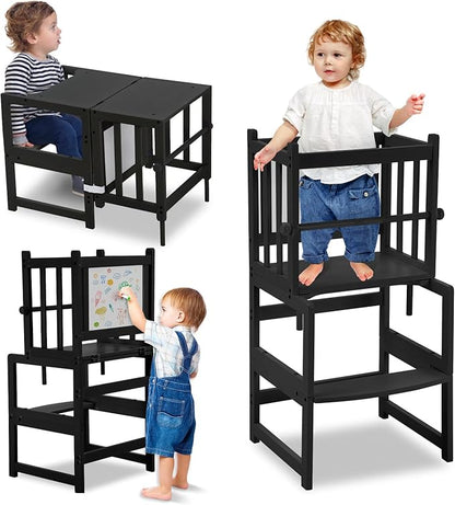 COSYLAND 3-in-1 Multifunctional Toddler Standing Tower, Kids Kitchen Step Stool with Whiteboard, Desk Table and Chair, Enjoys Unique Patented Design,FSC,CPC,SOR,CE, Black