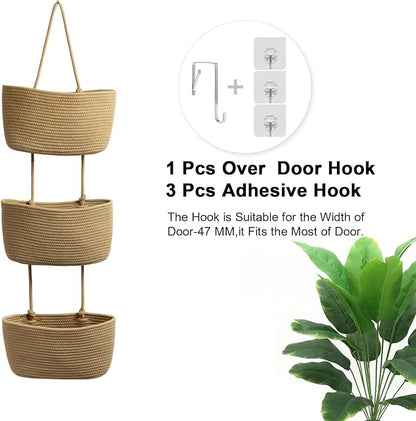 TeoKJ Over the Door Hanging Basket, 3-Tier Woven Cotton Wall-Mounted Storage Organizer Bag Decorative Hanging Nursery Baskets - Jute