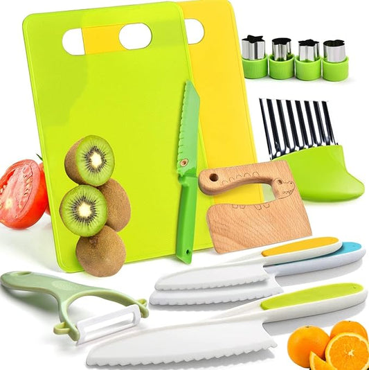 Real Cooking Set for Kids,13/17 Piece Kids Baking knife Set Kitchen Tools Include Wood Kids Safe Knife, Peeler, Cutting Board Potato Slicers for Boys, Kid, Toddler, Gift