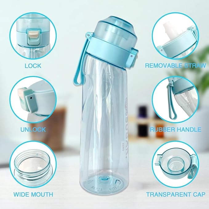 Air Water Bottle 8PCS Flavor Pods 22oz Fruit Fragrance Scented Water Cup BPA Free 0% Sugar For Outdoor Sports,Gifts From Friends, Birthday Gifts (1 bottle Blue+7 pods in random flavors)