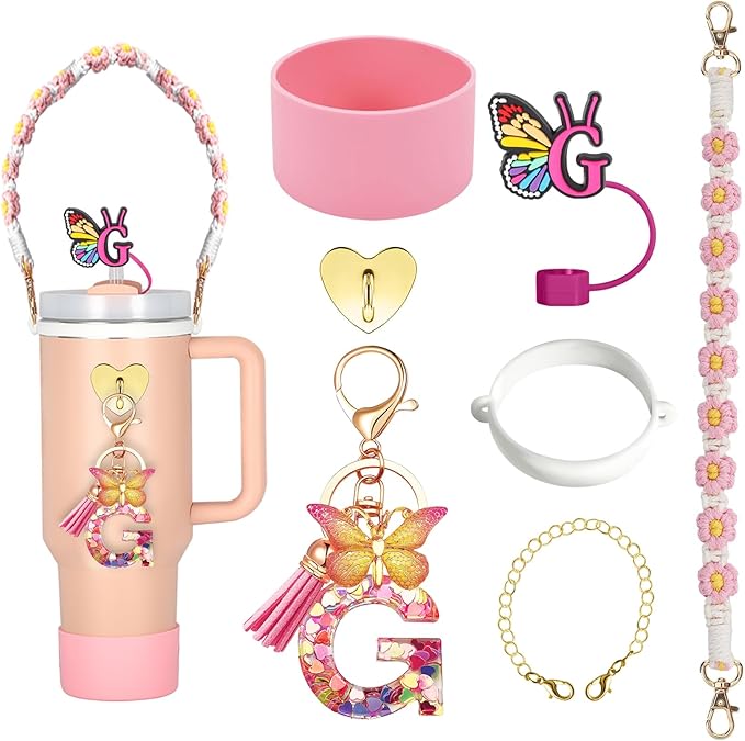 SPORCLO Stanley Cup Accessories Include Silicone Stanley Straw Cover, Butterfly Letter Keychain Charms, Water Bottle Handle Strap, Boot and Chain for Stanley Cup 30oz 40oz Tumbler