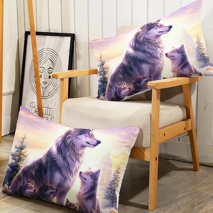 AILONEN Wolf Fitted Sheet Set Full Snow Wolf Bed Sheet Set, Wolfmother and Wolf Pups Theme Bedding Set 3 Pieces Wildlife Wolf Sheet Set for Boys Girls,1 Fitted Sheet with 2 Pillowcases