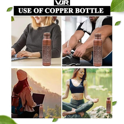 VJR Copper Bottle for Drinking Water 33 Oz Ayurvedic Leak Proof lid Floral Engraved Design Durable Lightweight Hand Washable Vessel Clean Cool Water Natural Minerals Boost Energy Safe Water Utensil