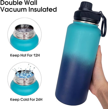 4pack 32 oz Insulated Water Bottle With Straw, Stainless Steel Sports Water Cup Flask with 2 Lids, Wide Mouth Travel Thermal Mug,Blue gradient