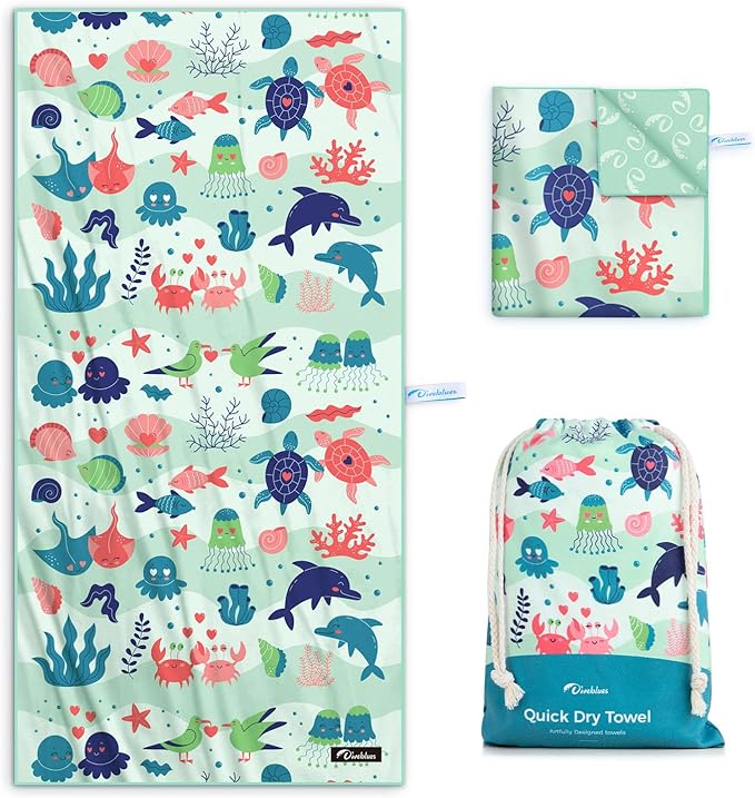 Kids Beach Towel 60''x30'', Quick Dry, Sand Free, Compact, Lightweight, Absorbent, Girls & Boys Large Microfiber Towels for Pool, Swim, Cruise Essentials, Turtle