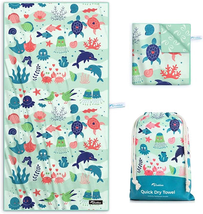 Kids Beach Towel 60''x30'', Quick Dry, Sand Free, Compact, Lightweight, Absorbent, Girls & Boys Large Microfiber Towels for Pool, Swim, Cruise Essentials, Turtle