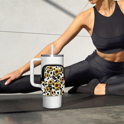 Cow Sunflower Stanley Cup Pouch with Adjustable Strap Water Bottle Storage Bag 20oz-40oz IceFlow Tumbler Pouch for Stanley Accessories