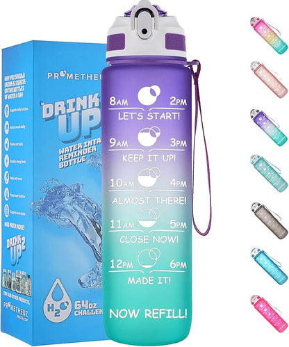 Prometheuz 32oz Water Bottle with Straw, Motivational Water Bottle with Time Marker, Water Bottles Leakproof & BPA-Free for Sports, Work and Fitness Purple Mint