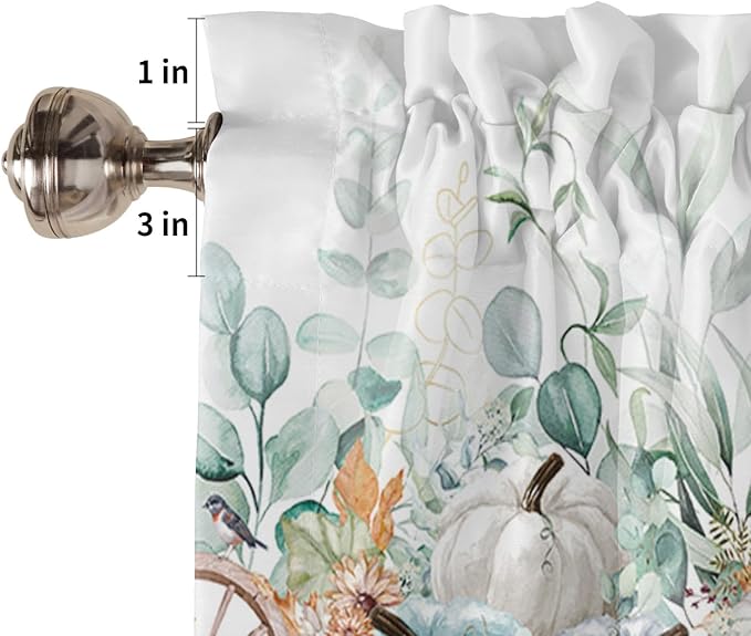 Fall Thanksgiving Kitchen Curtains and Valances Set, Blue Pumpkins Green Eucalyptus Leaves Small Windows Treatments Tiers Half/Short Curtains forCafe /Living Room/ Bedroom 54x24 in,Farmhouse Plaid