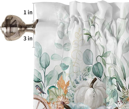 Fall Thanksgiving Kitchen Curtains and Valances Set, Blue Pumpkins Green Eucalyptus Leaves Small Windows Treatments Tiers Half/Short Curtains for Cafe /Living Room/ Bedroom 54x36 in,Farmhouse Plaid