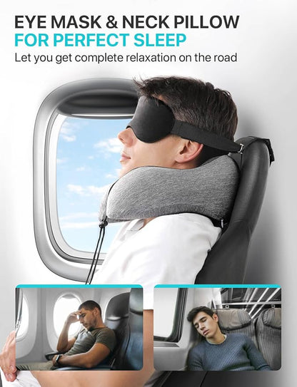 ALLJOY Travel Neck Pillow for Sleeping-Prevents Head Forward,100% Pure Memory Foam Travel Pillow with Eye Mask, Adjustable Clasp, and Seat Strap - Comfort Travel Kit for Airplane, Train, Car