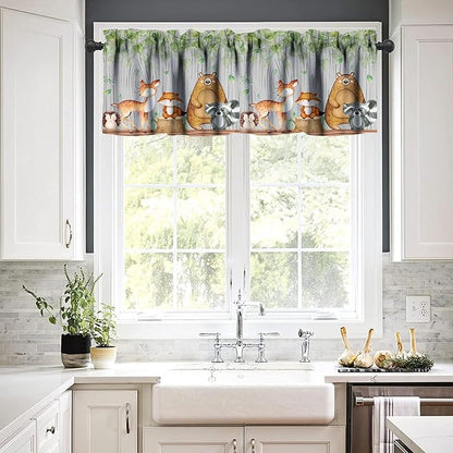 Cartoon Window Valance, Kids Woodland Animal Print Bears Deer Trees Leaves Forest Kitchen Valance for Living Room Nursery Bedroom Nursery Decor with Rod Pocket 54x18 Inch, 1 Panel