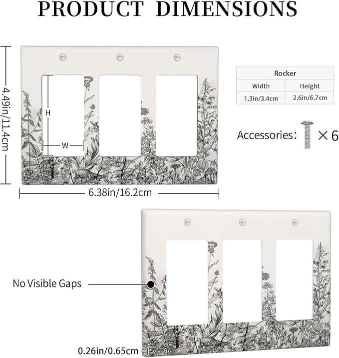 Vintage Grey Floral Herbs Wild Flowers Botanical 3 Gang Rocker Boho Light Switch Covers Decorative Country Unique Triple Outlet Wall Plate Cover Faceplate Decorative Switchplate GFCI