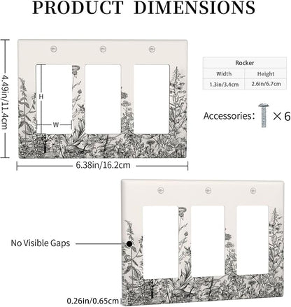 Vintage Grey Floral Herbs Wild Flowers Botanical 3 Gang Rocker Boho Light Switch Covers Decorative Country Unique Triple Outlet Wall Plate Cover Faceplate Decorative Switchplate GFCI