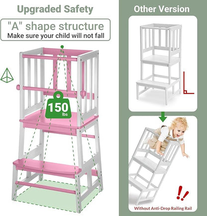 COSYLAND Kids Kitchen Step Stool, Toddler Standing Tower with CPC & FSC Certification, Removable Anti-Drop Railing Safety Rail Enjoys Unique Patented Design A Anti-tip Stable Structure Pink & White