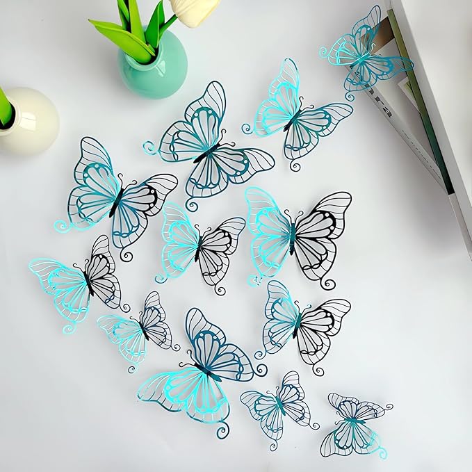 3D Butterfly Wall Decor 48 Pcs 4 Styles 3 Sizes, Butterfly Birthday Decorations Butterfly Party Decorations Cake Decorations, Removable Stickers(Green)