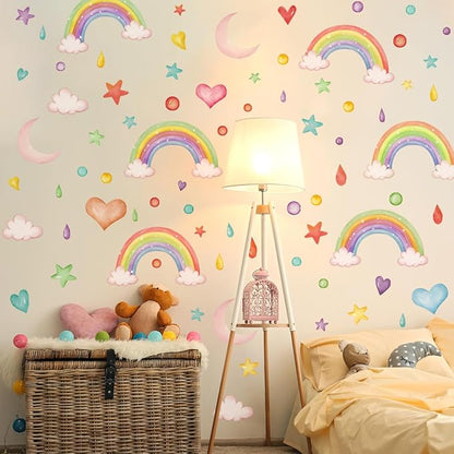 Watercolor Rainbow Wall Decor Stickers Small Rainbow Wall Decal Rainbow Heart Moon Wall Stickers for Girls Boys Baby Bedroom Nursery Wall Decor