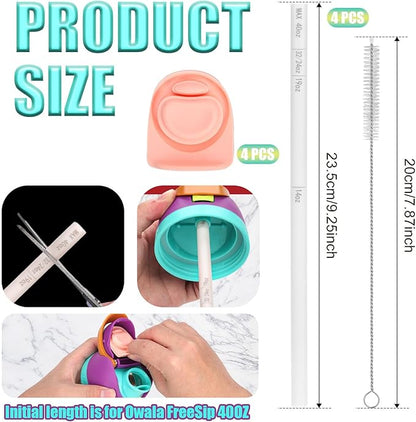 4pcs Pink Replacement Mouth Gasket Stopper for Owala FreeSip 19/24/25/32/40oz Cap, with 1 Brush & 4pcs White Straws with Scale, Water Bottle Lid Top Plug Rubber Seal Part Accessories
