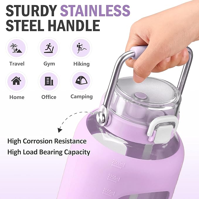 84oz Glass Water Bottle with Stainless Steel Handle,2.5L Gallon Water Bottle With 2-IN-1 Straw Lid, Silicone Sleeve and Motivational Capacity Marker, Wide Mouth Water Jug For Gym, Purple