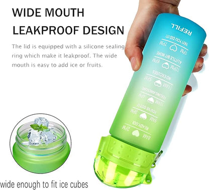 XACIOA Water Bottle with Straw,18oz Plastic Cup with Motivational Time Marker,1L Tritan Sport Lightweight Leakproof BPA-Free,Wide Mouth Fast Flow Ensure You Have Times to Drink,with Straw & Cup Brush