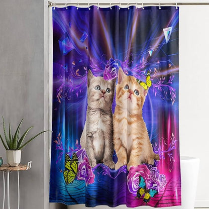 AILONEN 3D Cat Shower Curtain,Cute Kitten Shower Curtain Set for Kids Boys Girls,Cat Lovers Animal Shower Curtain for Bathroom,Rose with Butterfly Bath Curtain with Hooks,72" W*96" H