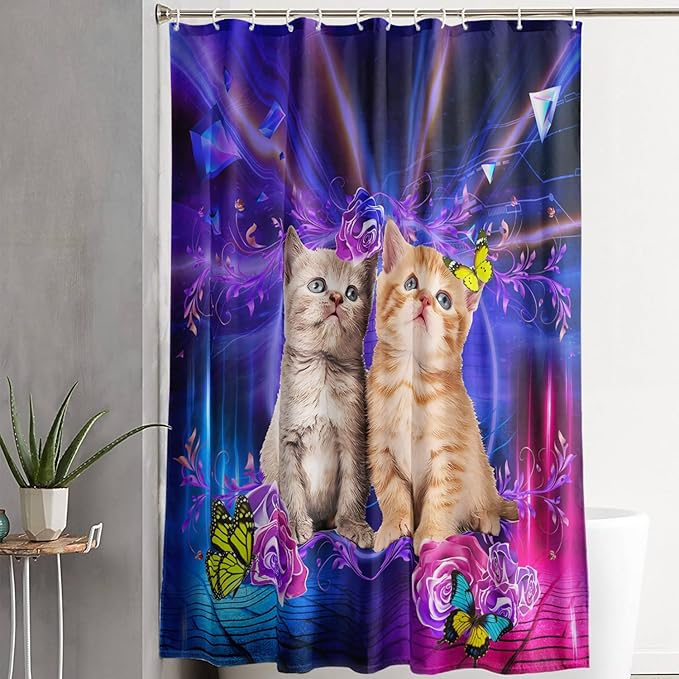 AILONEN 3D Cat Shower Curtain,Cute Kitten Shower Curtain Set for Kids Boys Girls,Cat Lovers Animal Shower Curtain for Bathroom,Rose with Butterfly Bath Curtain with Hooks,72" W*84" H
