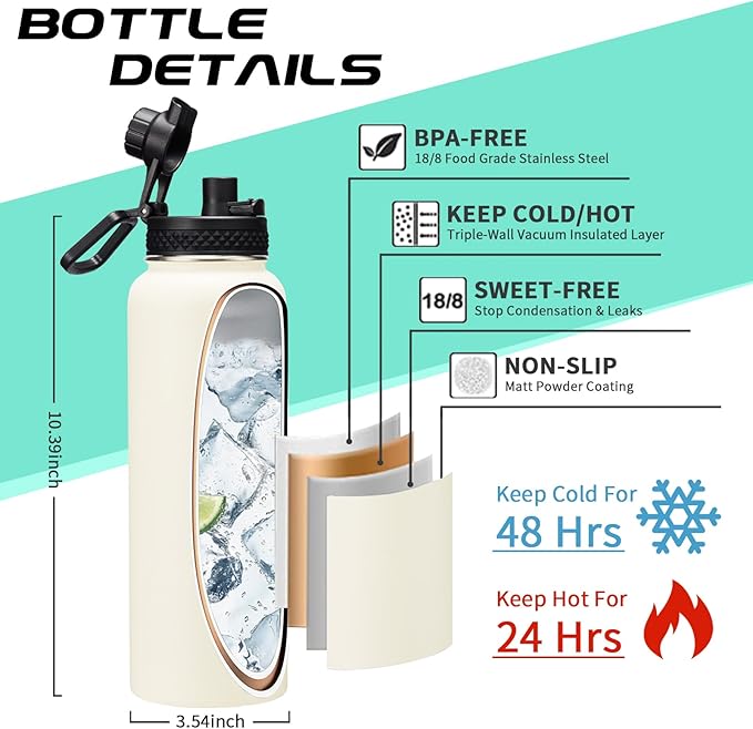 40oz Insulated Water Bottle - w/Straw Spout Lid, Bottle Holder with Strap, Paracord Handle, Protective Bottom Boot, Stainless Steel Metal Thermo Jug Flask Cold 48h & Hot 24h, Cream White
