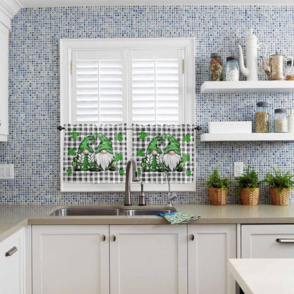 St. Patrick's Day Kitchen Curtains and Valances Set, Buffalo Plaid Shamrock Gnome Window Tiers Spring Holiday Farmhouse Decor Half/Short Curtains for Small Windows Cafe /Living Room/ Bedroom 54x24