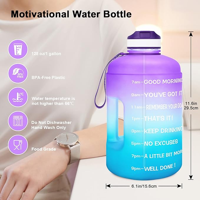 QuiFit Motivational Gallon Water Bottle - with Straw & Time Marker BPA Free Large Reusable Sport Water Jug with Handle for Fitness Outdoor Enthusiasts Leak-Proof