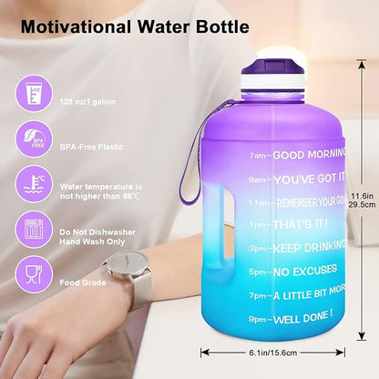 QuiFit Motivational Gallon Water Bottle - with Straw & Time Marker BPA Free Large Reusable Sport Water Jug with Handle for Fitness Outdoor Enthusiasts Leak-Proof