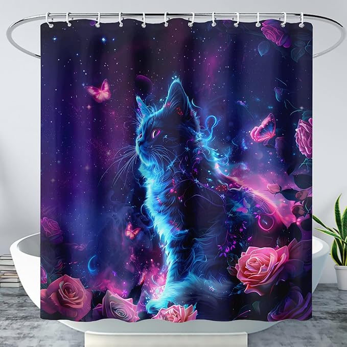 AILONEN 3D Rose Cat Shower Curtain Set, Beautiful Kitten with Butterfly Shower Curtain Liner for Kids Boys Girls,Boho Galaxy Shower Curtain for Bathroom,72" W*78" H
