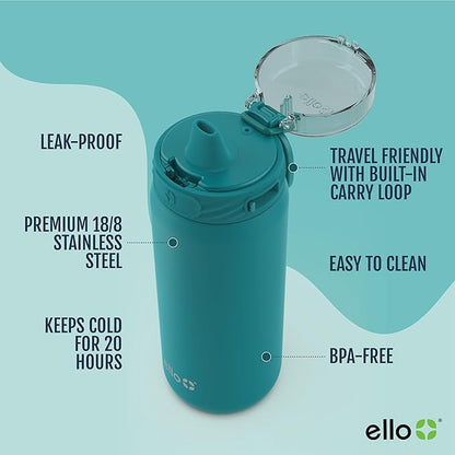Ello Cooper 18oz Kids Stainless Steel Water Bottle with Straw and Carry Handle, Double Walled and Vacuum Insulated Metal, Leak Proof Locking Lid with Soft Silicone Spout, Reusable, BPA Free, Antigua