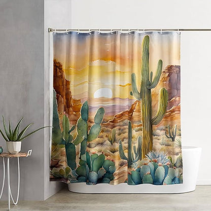 AILONEN Watercolor Cactus Shower Curtain,Orange Succulent Flower Waterproof Shower Curtains Set for Boys Kids Teens, 72" W*72" H Sunset Mountains Cactus Forest Shower Curtain