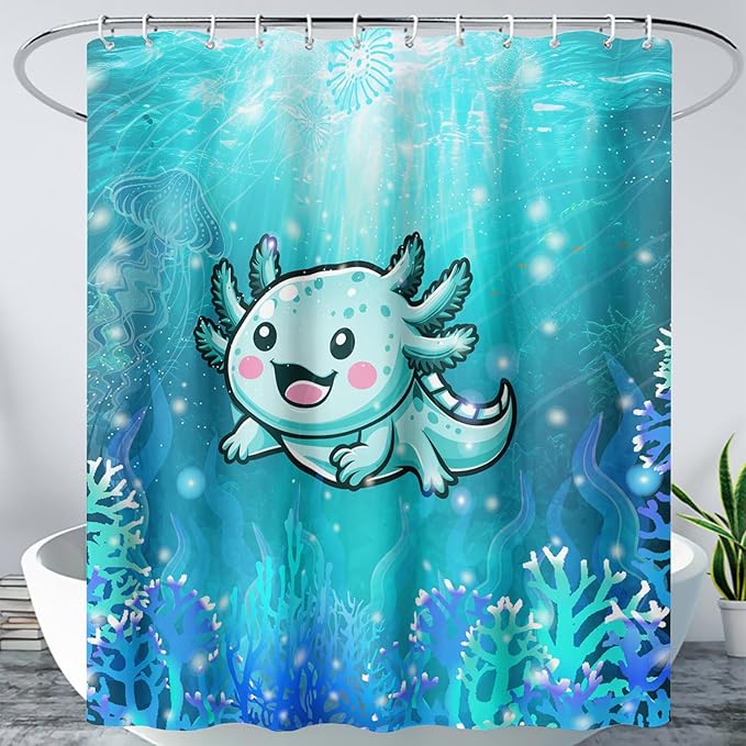 AILONEN Cute Axolotl Kids Shower Curtain for Bathroom,Blue Ocean Jellyfish Coral Print Bath Curtain 60" W*72" H,Girls Boys Kawaii Salamander Decorative Waterproof with 12 Plastic Hooks