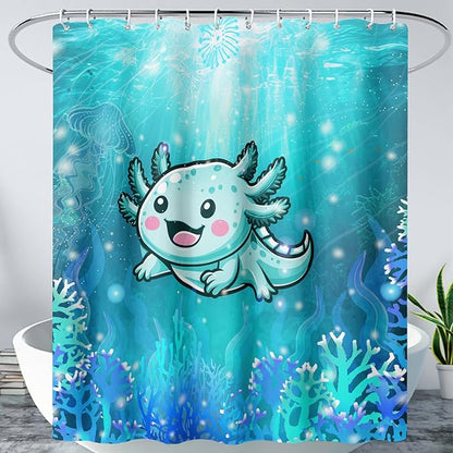 AILONEN Cute Axolotl Kids Shower Curtain for Bathroom,Blue Ocean Jellyfish Coral Print Bath Curtain 60" W*72" H,Girls Boys Kawaii Salamander Decorative Waterproof with 12 Plastic Hooks