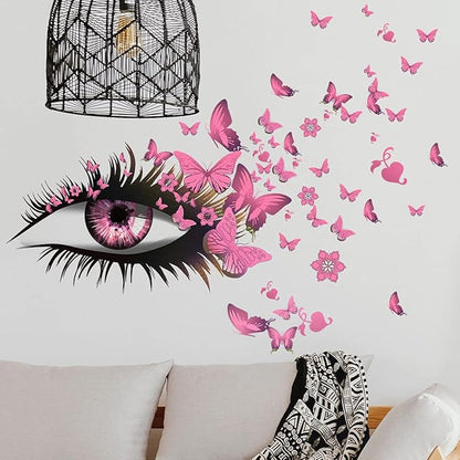 Pink Girl Eyes Wall Stickers Flying Butterfly Wall Decals Beautiful Girl Heart Wall Decor Vinyl Wall Art Butterflies Wall Decor Stickers for Women Girls Bedroom Living Room Decoration