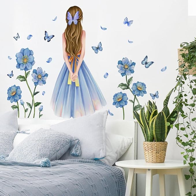 Baby Girl Wall Decals Blue Flower Butterfly Wall Sticker DIY Butterfly Wall Decals Removable Vinyl Peel and Stick for Kids Baby Nursery Bedroom Playroom Art Decoration