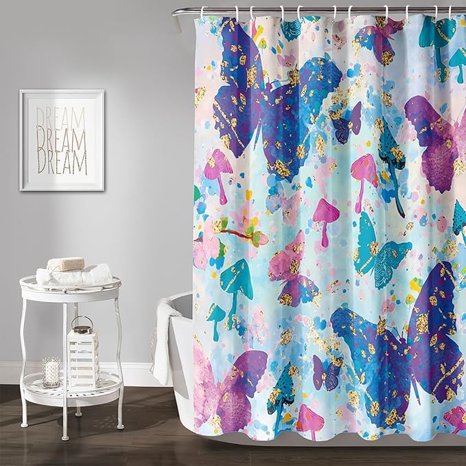 AILONEN Butterfly Shower Curtain for Bathroom, Blue Pink Tie Dye Butterfly Bath Curtain,Women Girls Bathroom Curtain,72" W*84" H Polyester Waterproof with 12 Plastic Hooks