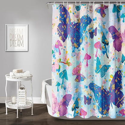 AILONEN Butterfly Shower Curtain for Bathroom, Blue Pink Tie Dye Butterfly Bath Curtain,Women Girls Bathroom Curtain,72" W*72" H Polyester Waterproof with 12 Plastic Hooks
