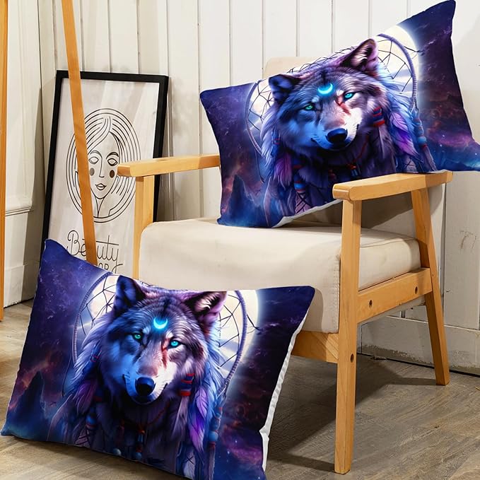 AILONEN Wolf Dream Catcher Fitted Sheet Set Full Evening Purple Galaxy Starry Moon Wolf Bed Sheet with 2 Pillowcases,3 Pieces Wolf Print Boys Girls Full Fitted Sheet Set