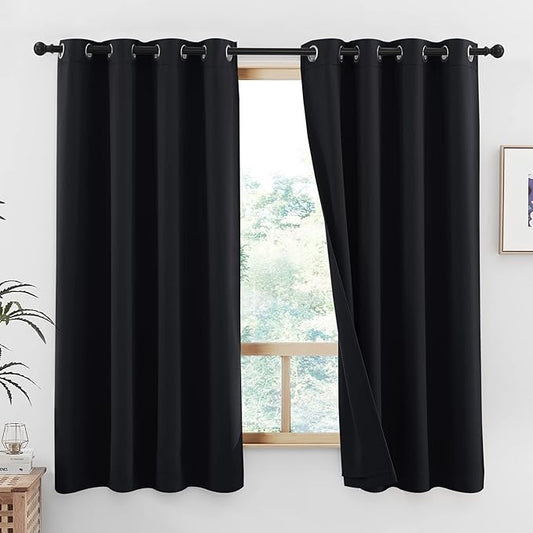 NICETOWN 100% Blackout Curtains 45 inches Length, 2 Thick Layers Completely Blackout Window Treatment Thermal Insulated Lined Drapes for Basement Window (Black, 1 Pair, 52 inches Width Each Panel)