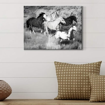 Renditions Gallery Canvas Animal Wall Art Modern Decorations Paintings Running Vintage Horses Black & White Nature Wall Hanging Artwork Prints for Bedroom Office Kitchen - 18"x27" LT33
